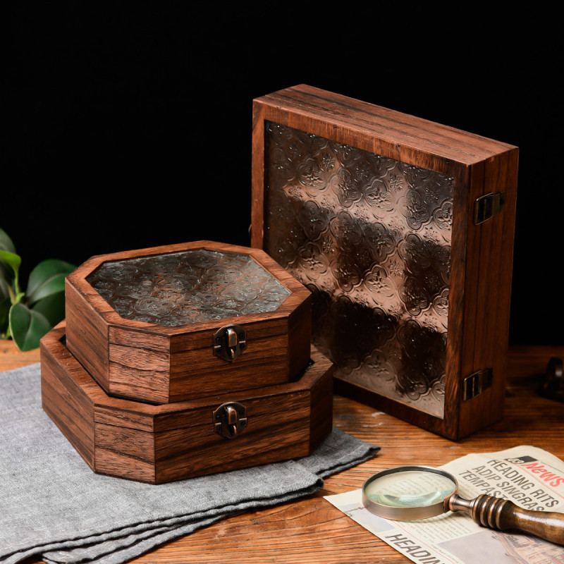 Token Tray Organizer - Holz-Aufbewahrungsbox, Geprägter Glasdeckel, Unterteilter Schmuckorganizer, Mehrteilige